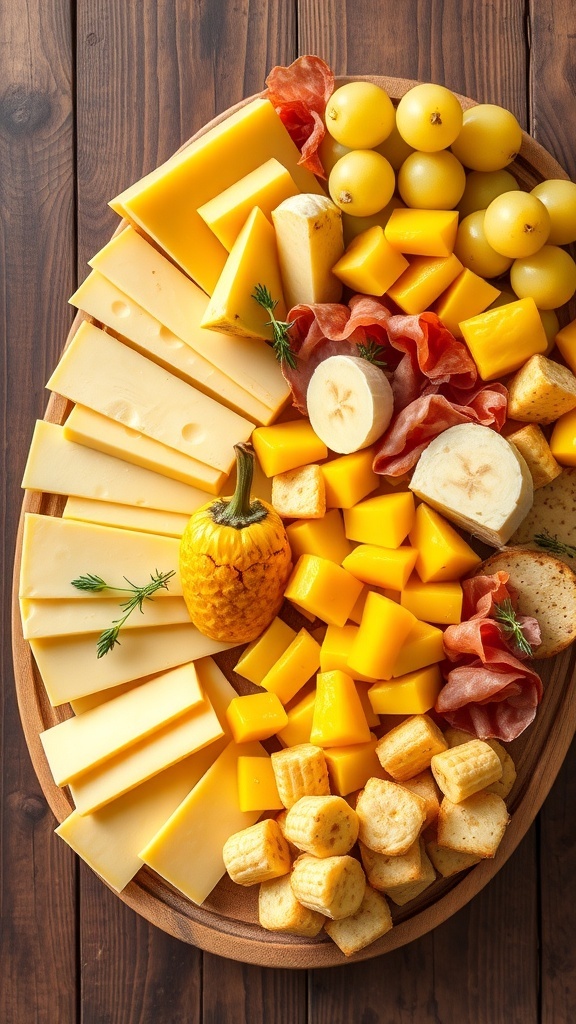 A colorful yellow charcuterie board with cheeses, fruits, and meats arranged artistically.